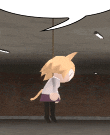 a cartoon character hanging from a ceiling with a speech bubble above her head