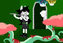 a cartoon of a girl playing a flute in front of flowers