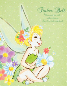 tinkerbell sits on a green background with flowers and says chamomile tea with milkweed foam