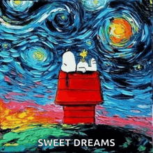 a painting of snoopy and woodstock in a starry night sky with the words sweet dreams below them