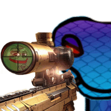 a sniper rifle with a frog face on the lens