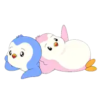 a blue and pink penguin laying on top of each other on a white background