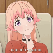 a girl with pink hair and purple eyes has her finger on her chin and says uhhhh yeahh
