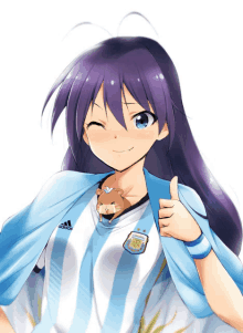 a girl with purple hair is wearing a argentina jersey