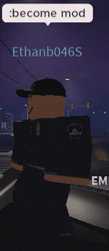 a police officer in a video game with a speech bubble that says " become mod "