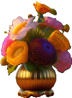 a gold vase filled with colorful flowers on a stand