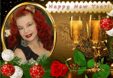 a happy new year greeting card with a picture of a woman and champagne glasses