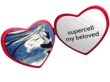 a heart shaped mirror with the words supercell my beloved on it