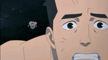 a close up of a cartoon character 's face with a man in a blue shirt flying in the background .