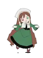 a drawing of a little girl in a green dress and white hat