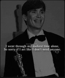 a black and white photo of a man in a tuxedo with a quote on it