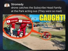 a screenshot of a tweet by stromedy shows a man and a woman carrying a subscribe sign on their heads