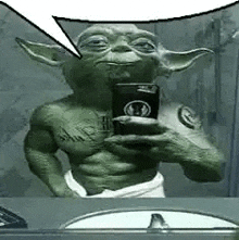 yoda is taking a selfie in the mirror .