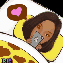 a cartoon of a woman laying in bed looking at her phone with the name irie on the bottom