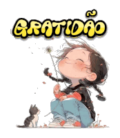 a cartoon drawing of a girl holding a dandelion with the word gratidao written above her