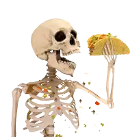 a skeleton is holding a taco in its hand and eating it