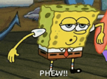 a cartoon of spongebob saying phew while standing on a wooden floor