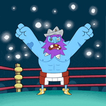 a cartoon character in a boxing ring with his arms outstretched