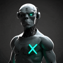 a statue of a robot with headphones and an x on his chest