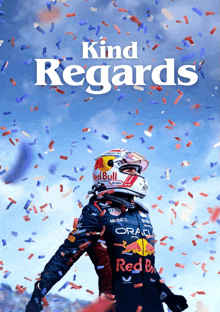 a man in a red bull helmet is surrounded by confetti