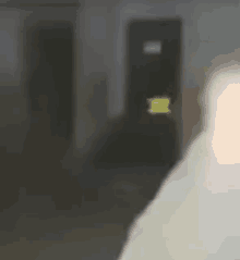 a blurry picture of a person standing in a room with a door in the background .