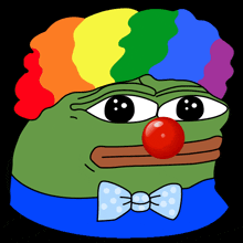 a green frog with a rainbow hair and a red nose