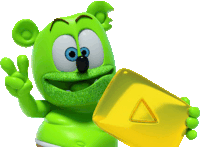 a green gummy bear holding a yellow triangle