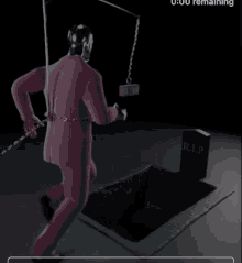 a man in a pink suit is running towards a grave with a chain around his neck