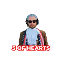 a man holding a playing card with the words " 5 of hearts " written above him