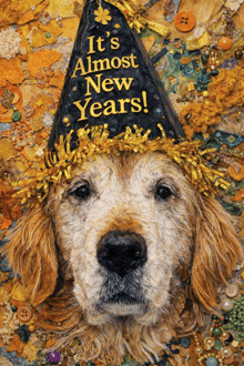 a painting of a dog wearing a hat that says it 's almost new years