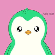 a green penguin with a yellow beak is on a pink background with abster written on the bottom