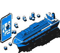 an isometric illustration of a cargo ship surrounded by buildings and cubes