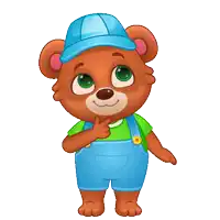 a cartoon teddy bear wearing overalls and a hat