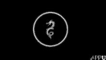 a white dragon is sitting in a circle on a black background .