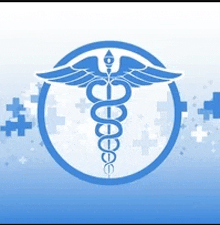 a blue caduceus symbol with wings and a snake on a blue background