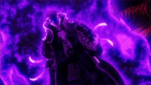 a purple background with a person in a black coat
