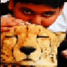 a man is holding a cheetah statue in front of his face