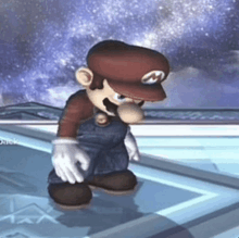 a cartoon character wearing a hat with the letter m on it is standing on a glass surface .