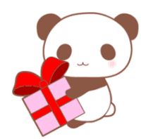 a panda bear holding a pink gift box with a red ribbon