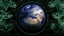 a picture of the earth surrounded by gears on a dark background