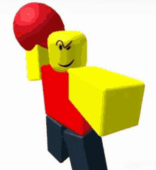 a yellow roblox character is holding a red boxing glove .