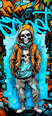 a cartoon drawing of a skeleton wearing a hoodie with two skulls on it