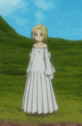 a cartoon girl in a white dress is standing in a field .