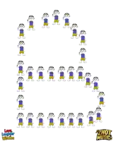 the letter s is made up of cartoon characters wearing blue shirts and shorts