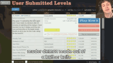 a screen shows a list of user submitted levels and a play now button