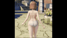 a video game character in a bikini is walking on a sidewalk .