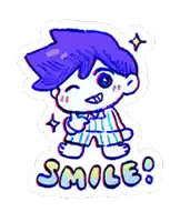 a drawing of a boy with purple hair and the words smile written below him .