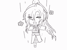 a black and white drawing of a chibi character with long hair