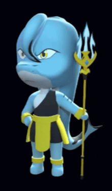 a cartoon dolphin holding a trident on a dark background