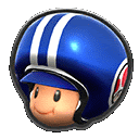 a cartoon character wearing a blue helmet with white stripes and a hat .